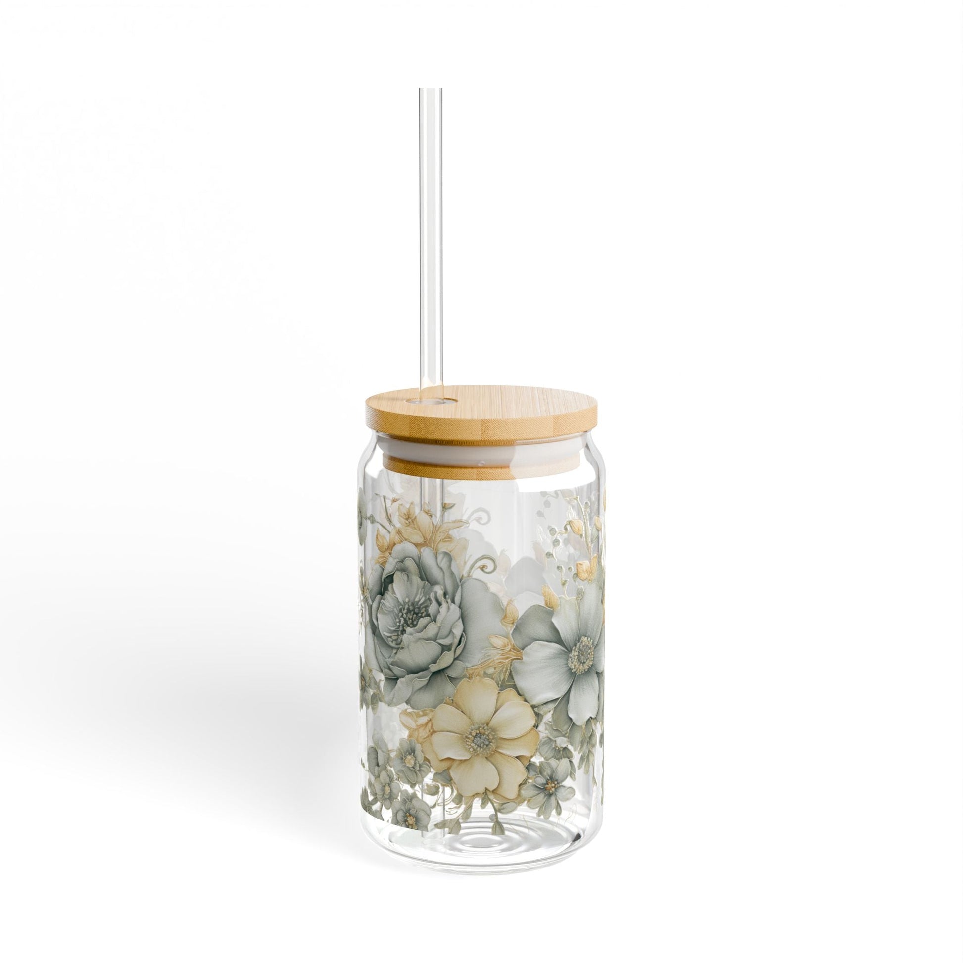 Floral Serenity 16oz Sipper Glass with Bamboo Lid & Straw — Southern Belle & Sea™ - Southern Belle & Sea