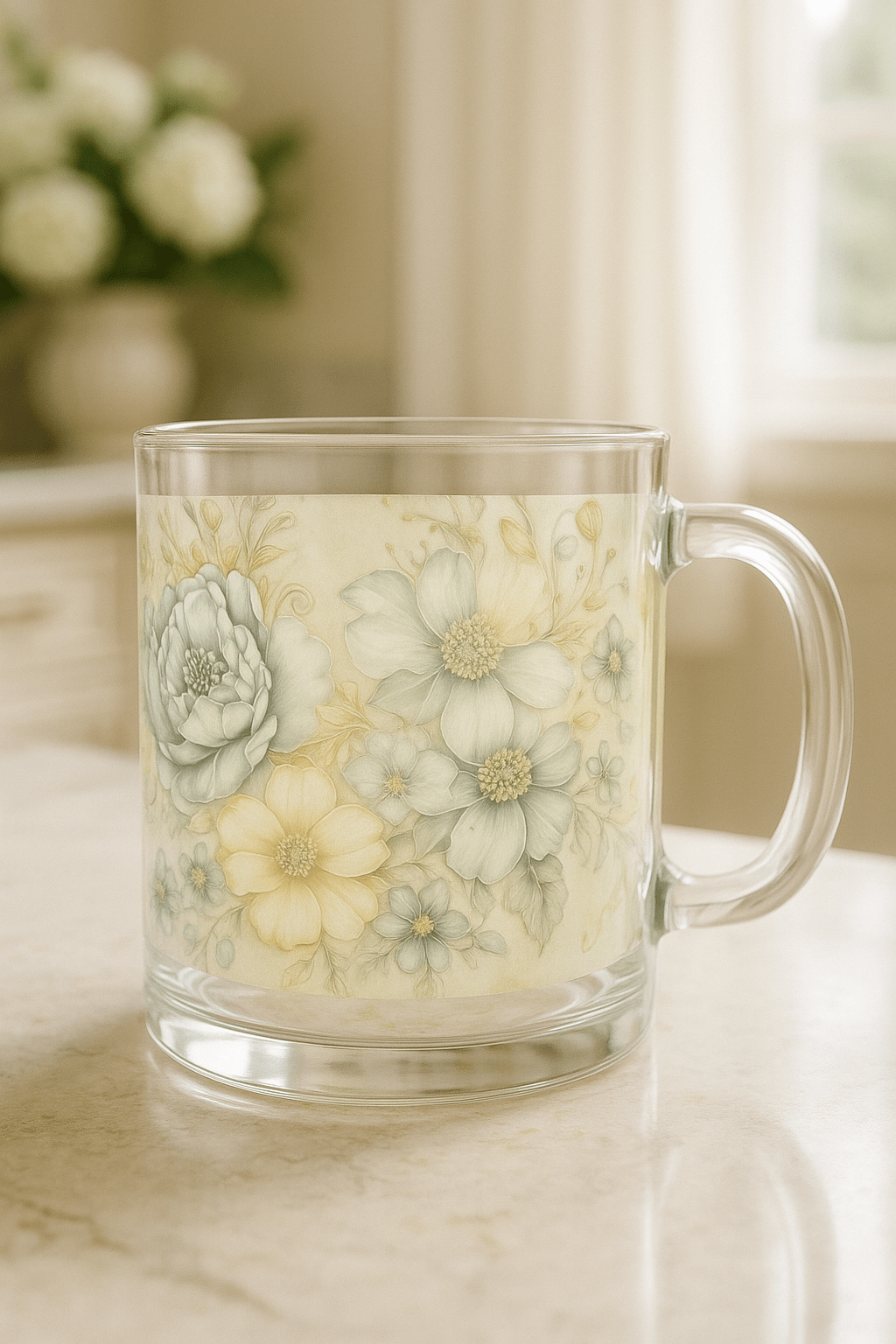 Floral Serenity Clear Glass Mug — Savannah Garden Rose Series | Southern Belle & Sea™ - Southern Belle & Sea