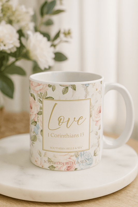Garden Grace “Love • 1 Corinthians 13” Ceramic Mug — Garden Grace Series | Southern Belle & Sea™ - Southern Belle & Sea