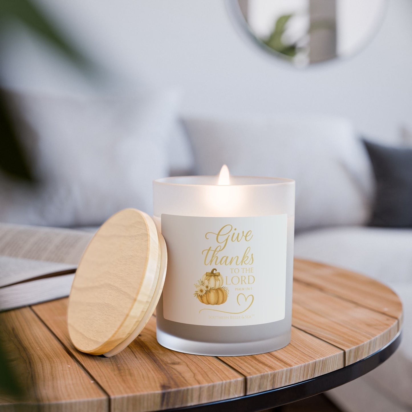 Give Thanks to the Lord Pumpkin Frosted Glass Candle — Harvest Grace Series | Southern Belle & Sea™ - Southern Belle & Sea