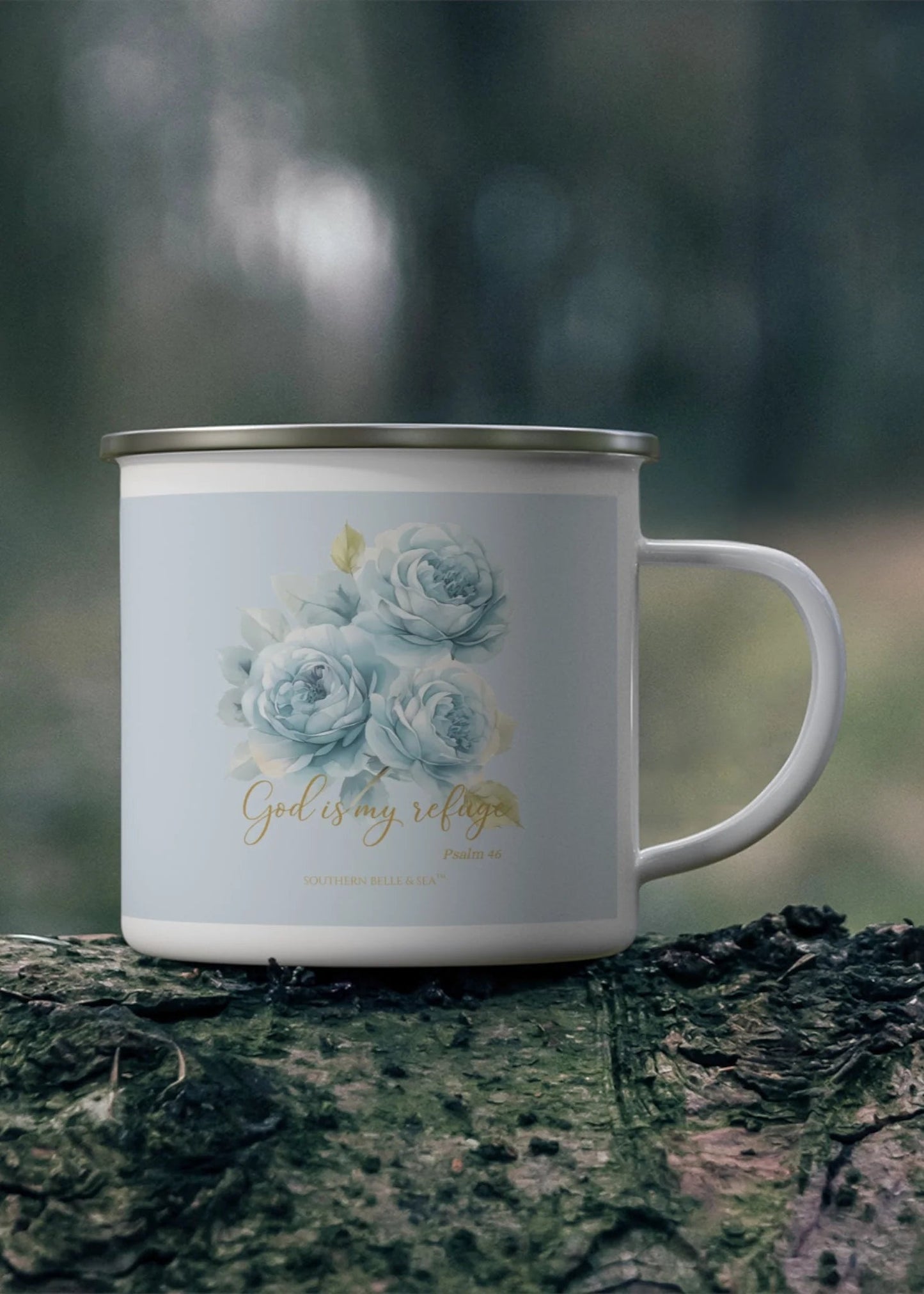 God Is My Refuge — Blue Floral Enamel Camping Mug (12oz, Psalm 46:1) | Southern Belle & Sea™ - Southern Belle & Sea