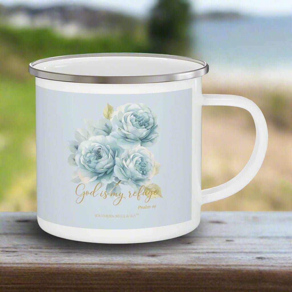 God Is My Refuge — Blue Floral Enamel Camping Mug (12oz, Psalm 46:1) | Southern Belle & Sea™ - Southern Belle & Sea