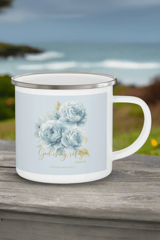God Is My Refuge — Blue Floral Enamel Camping Mug (12oz, Psalm 46:1) | Southern Belle & Sea™ - Southern Belle & Sea