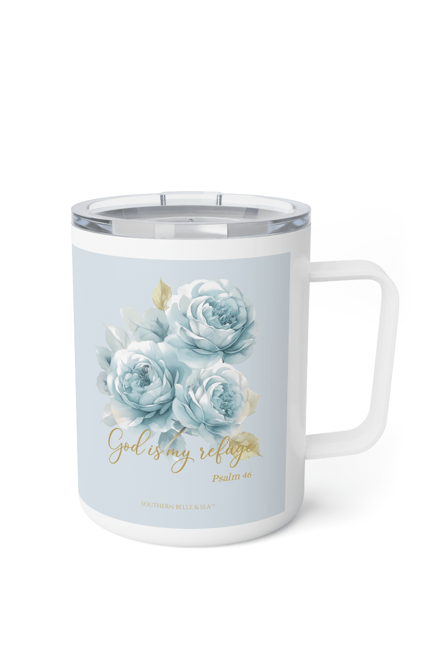 God Is My Refuge — Blue Floral Insulated Mug (10oz Stainless Steel, Psalm 46:1) | Southern Belle & Sea™ - Southern Belle & Sea
