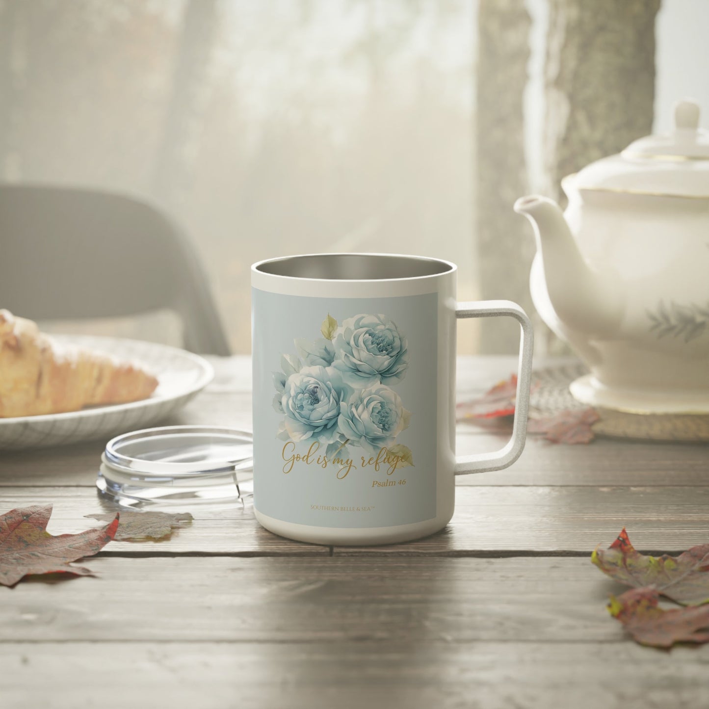 God Is My Refuge — Blue Floral Insulated Mug (10oz Stainless Steel, Psalm 46:1) | Southern Belle & Sea™ - Southern Belle & Sea