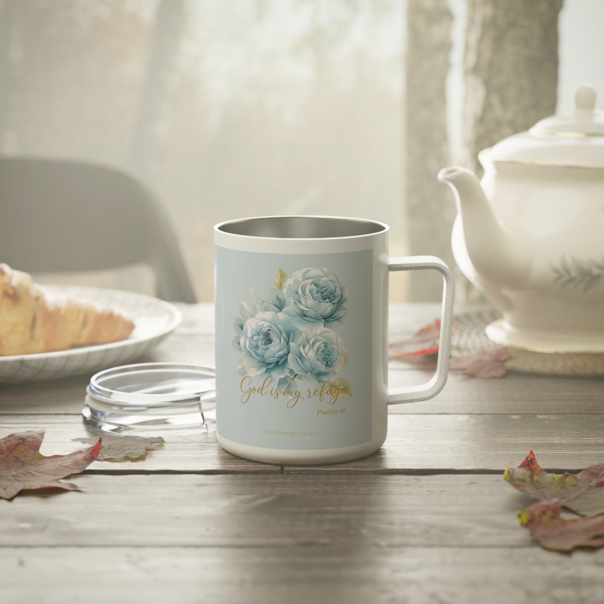 God Is My Refuge — Blue Floral Insulated Mug (10oz Stainless Steel, Psalm 46:1) | Southern Belle & Sea™ - Southern Belle & Sea