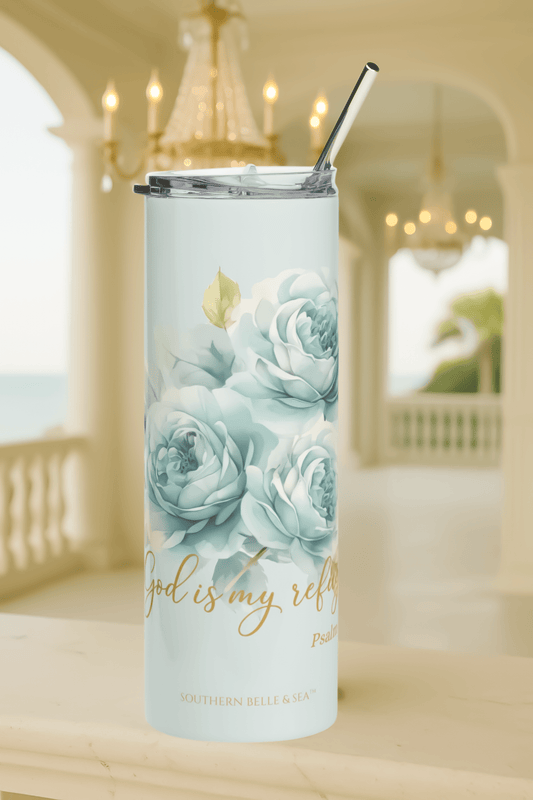 God Is My Refuge — Blue Floral Tumbler (20oz Stainless Steel, Psalm 46) | Southern Belle & Sea™ - Southern Belle & Sea