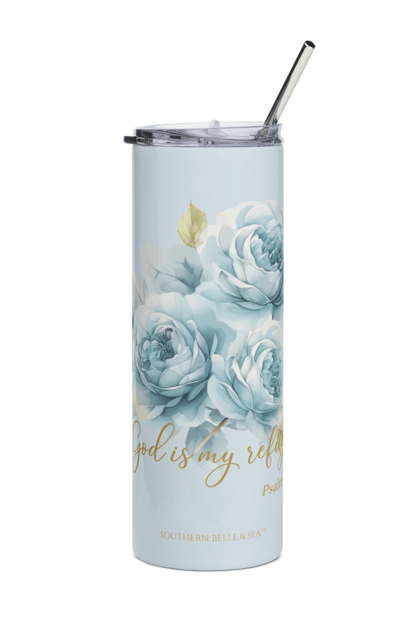 God Is My Refuge — Blue Floral Tumbler (20oz Stainless Steel, Psalm 46) | Southern Belle & Sea™ - Southern Belle & Sea