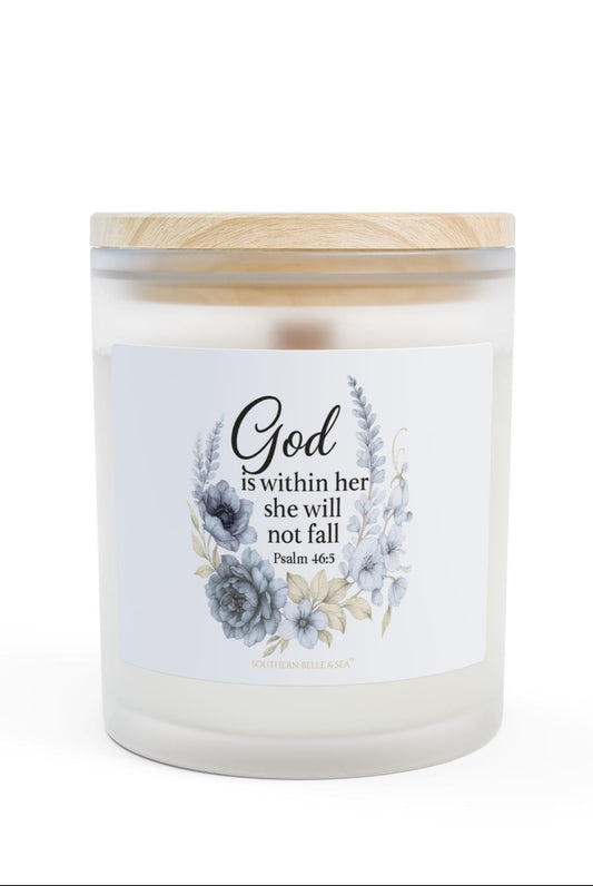 Southern Belle & Sea™ 11oz frosted wooden wick candle with blue floral scripture God Is Within Her She Shall Not Fail design — lifestyle shot lit