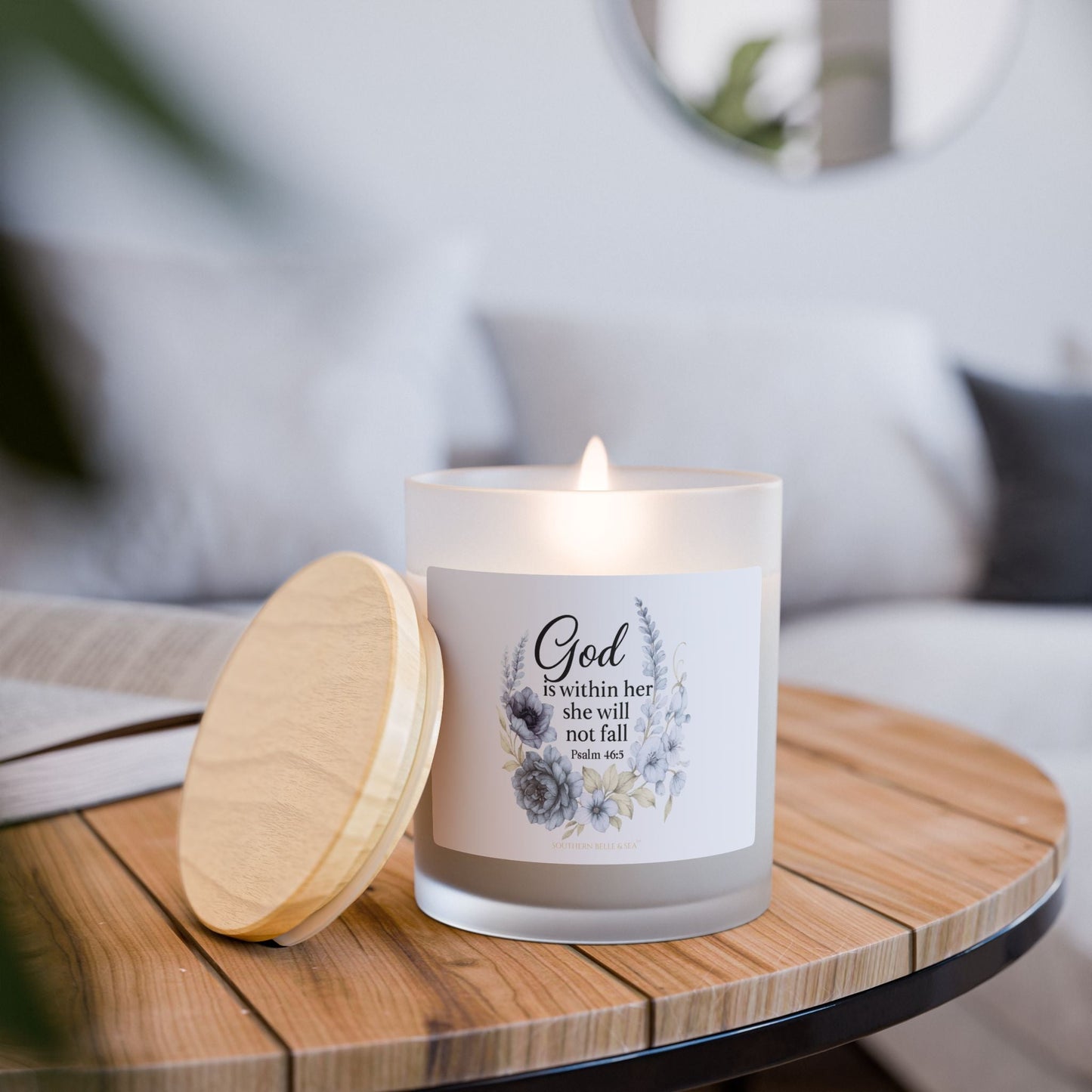 God Is Within Her” Blue Floral Candle (11oz Frosted Wooden Wick) — Virtue Collection | Southern Belle & Sea™ - Southern Belle & Sea