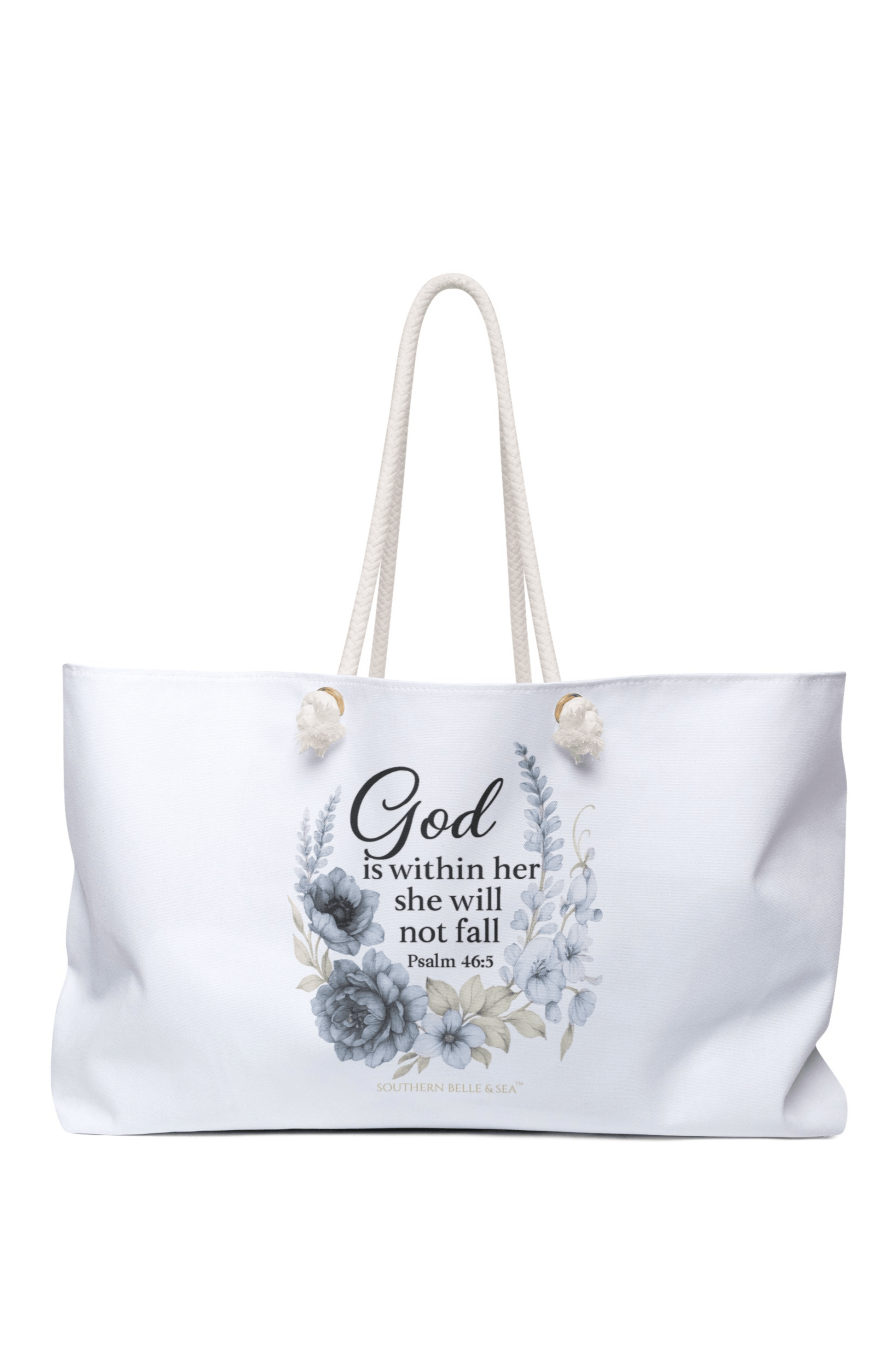 God Is Within Her” Blue Floral Weekender Tote — Virtue Collection | Southern Belle & Sea™ - Southern Belle & Sea