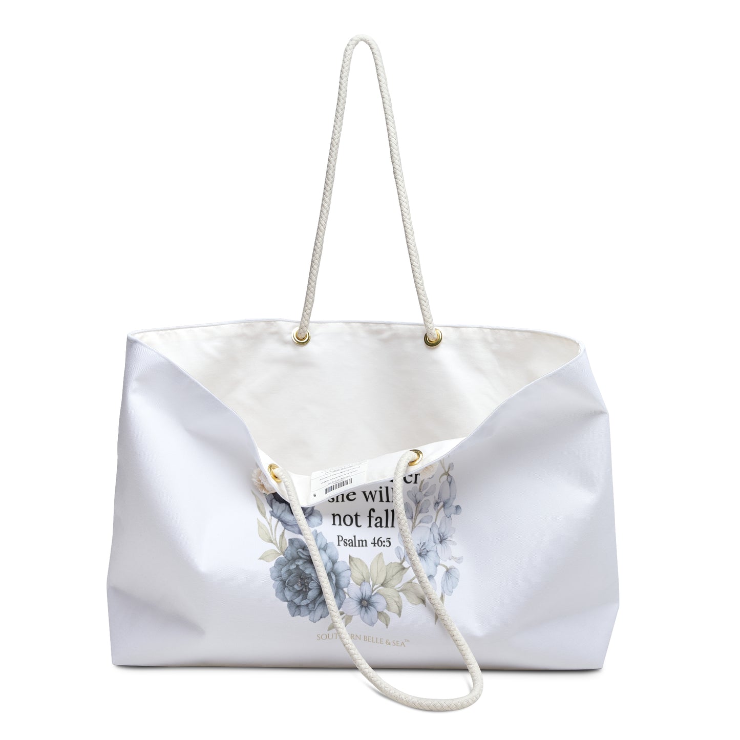 Close-up of rope handles and stitching on Southern Belle & Sea™ blue floral weekender tote bag with scripture design