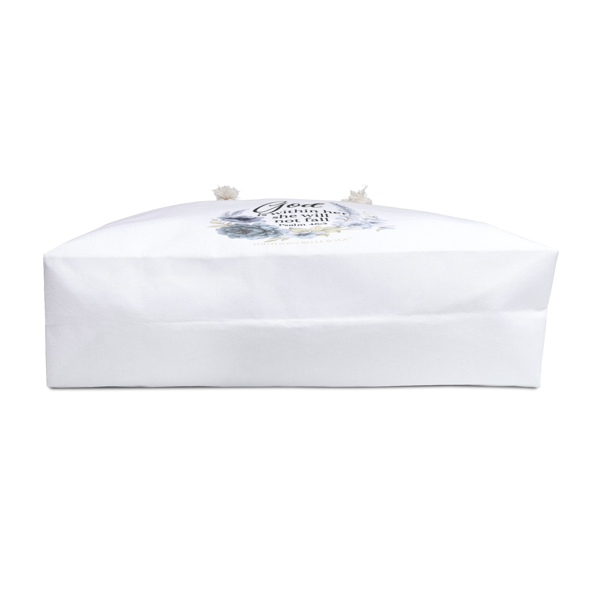 Blue floral scripture tote bag God Is Within Her displayed as travel bag or beach bag, faith-inspired weekender by Southern Belle & Sea™