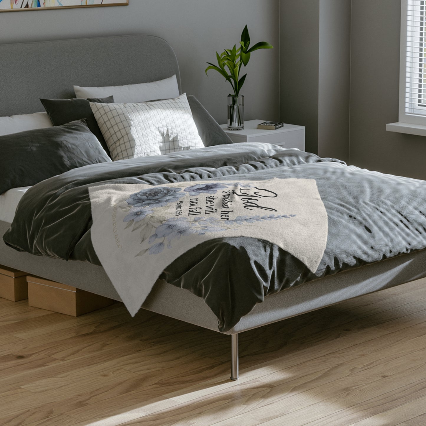 Ivory fleece scripture blanket with God Is Within Her She Shall Not Fail design styled on bed, Christian home décor