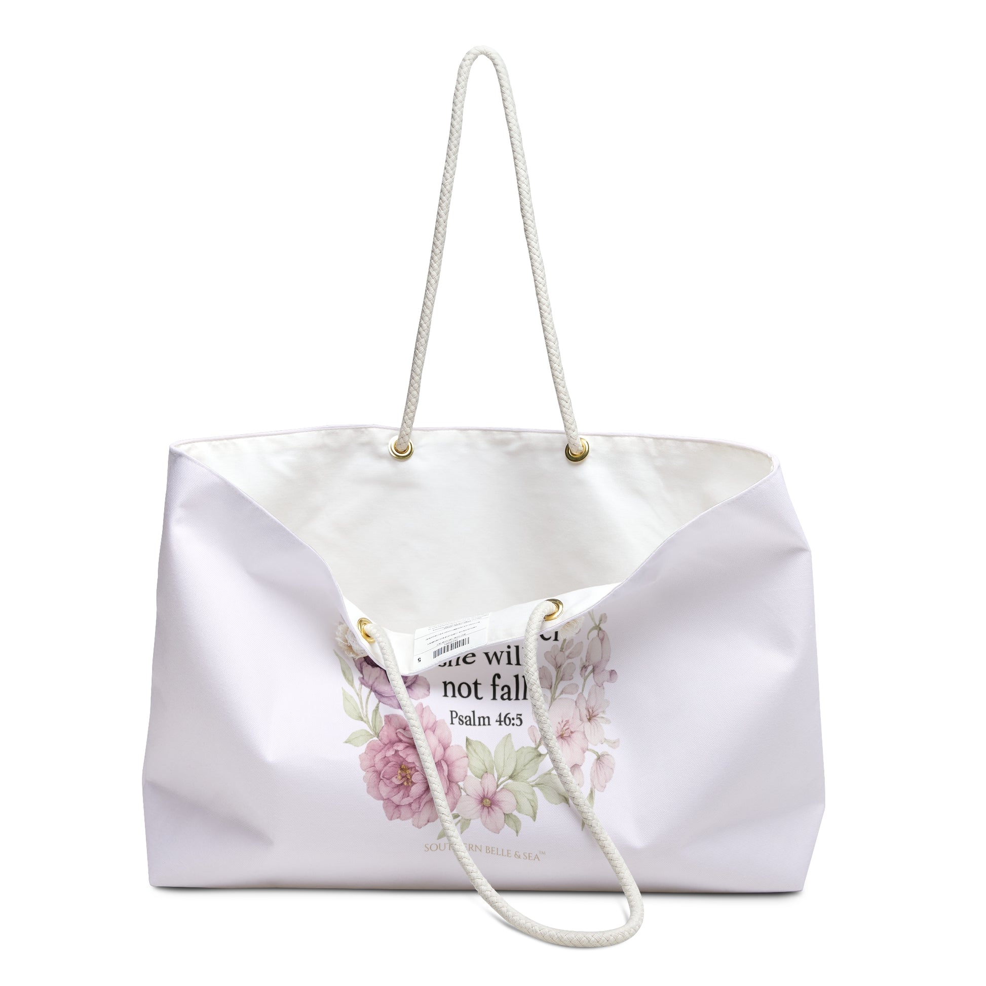 Close-up of rope handles and stitching on Southern Belle & Sea™ pink floral weekender tote bag with scripture design