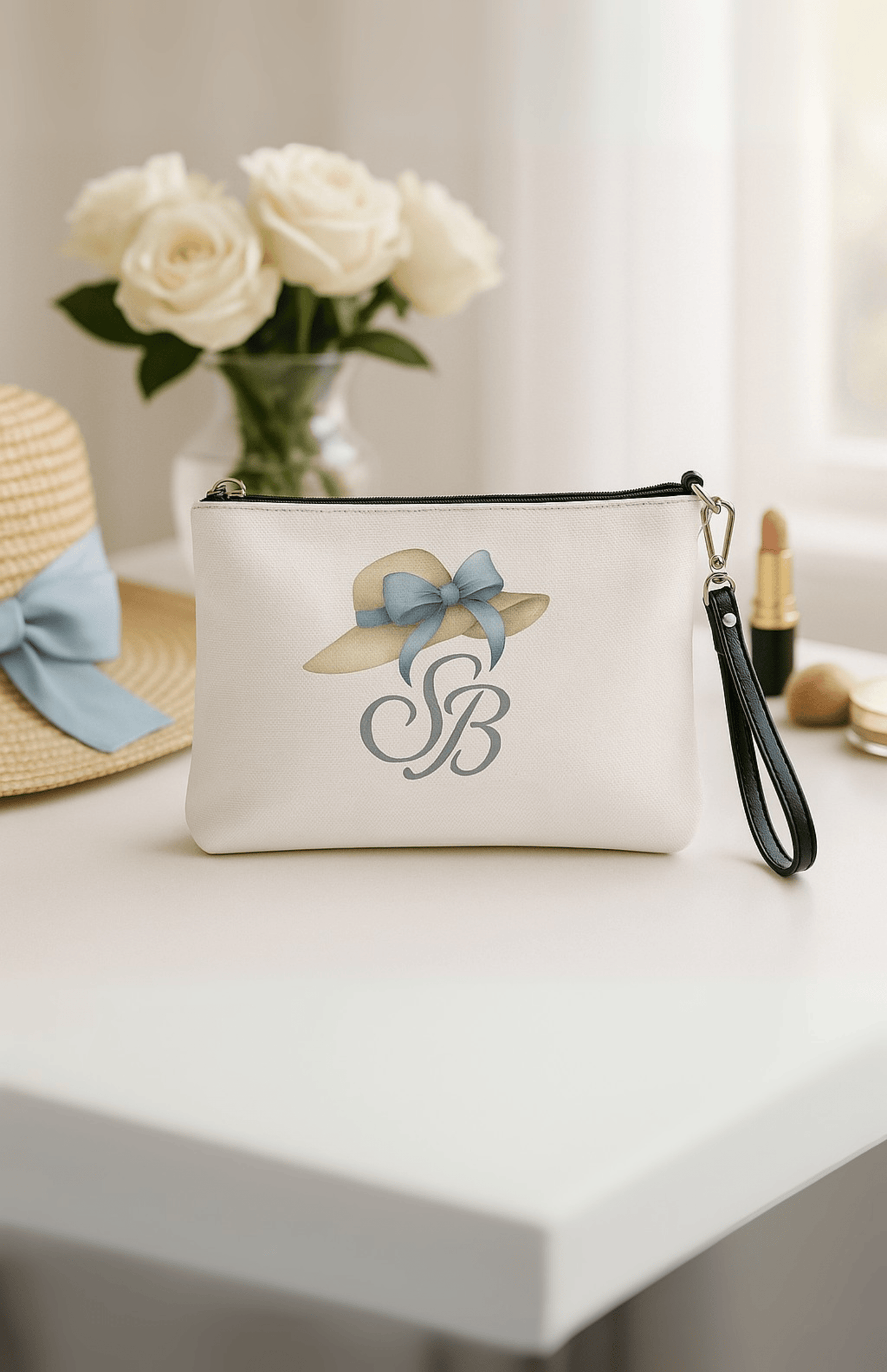 Grab & Go Bag – Signature Monogram & Blue Ribbon Hat | Southern Belle & Sea™ - Southern Belle & Sea