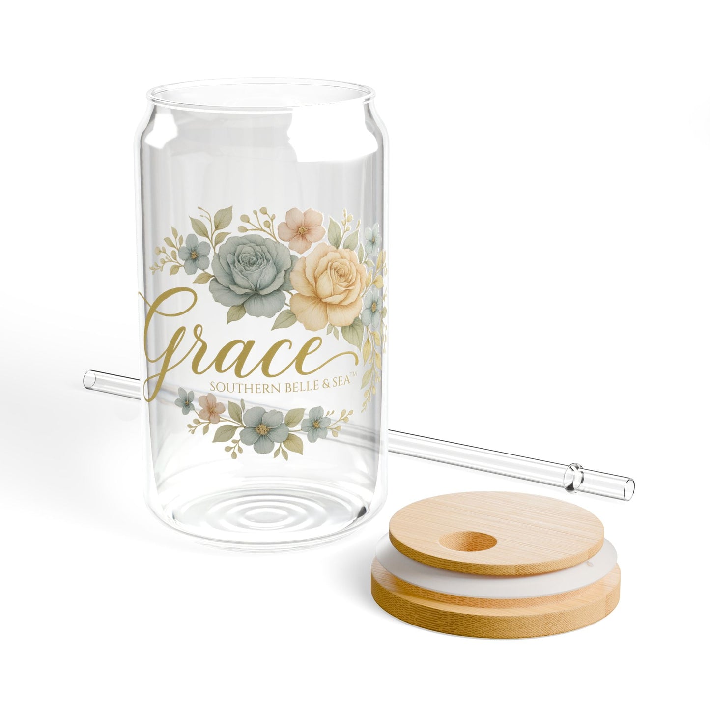GRACE Floral 16oz Glass Tumbler with Bamboo Lid & Straw | Southern Belle & Sea - Southern Belle & Sea
