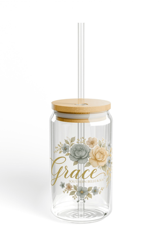 GRACE Floral 16oz Glass Tumbler with Bamboo Lid & Straw | Southern Belle & Sea - Southern Belle & Sea