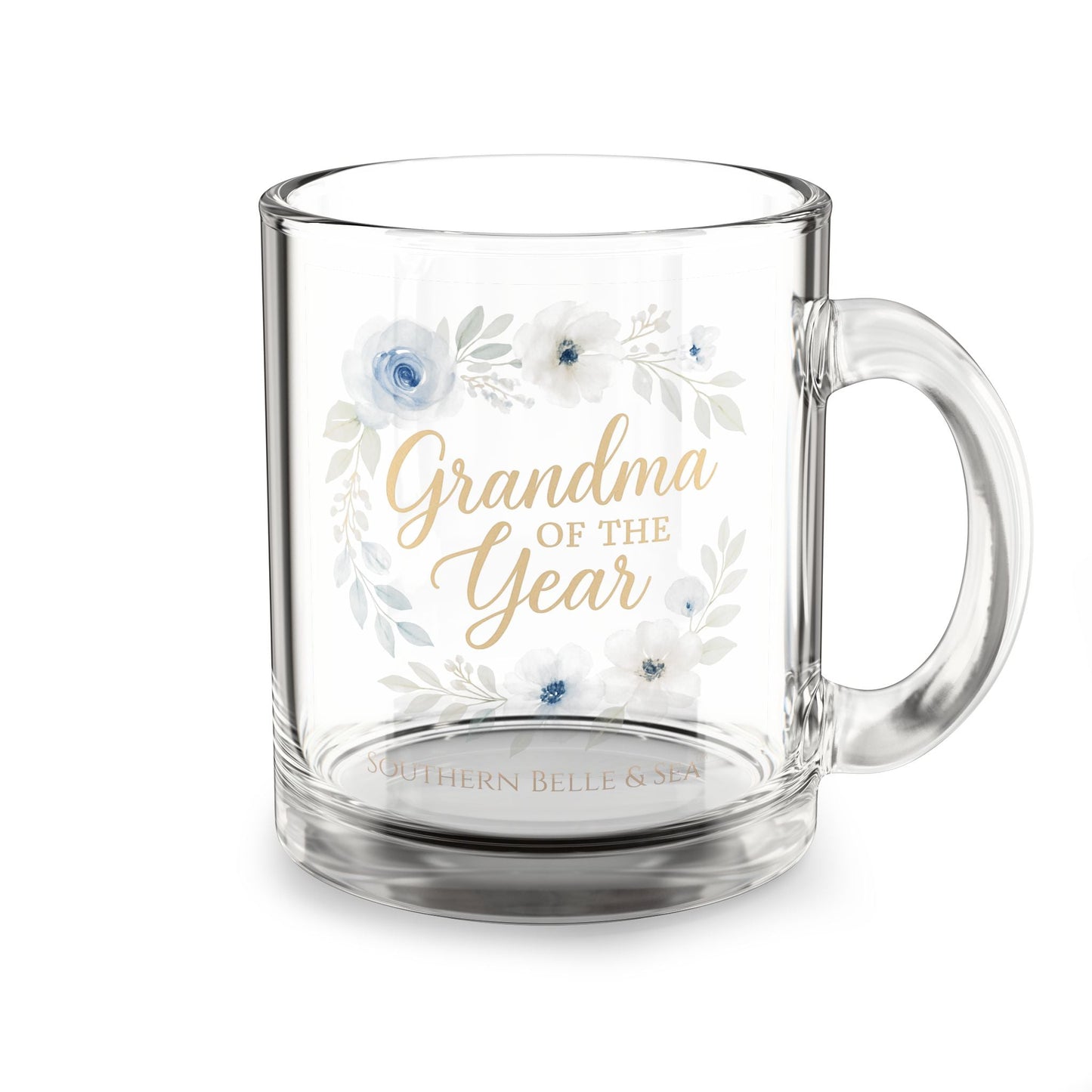 Grandma of the Year Glass Mug – Bluebell Grace Florals, Clear 10oz Coffee Cup Gift | Southern Belle & Sea™ - Southern Belle & Sea