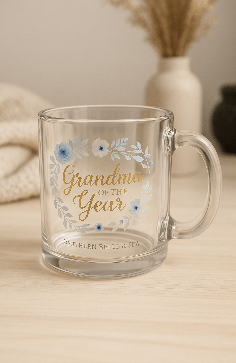 Grandma of the Year Glass Mug – Bluebell Grace Florals, Clear 10oz Coffee Cup Gift | Southern Belle & Sea™ - Southern Belle & Sea