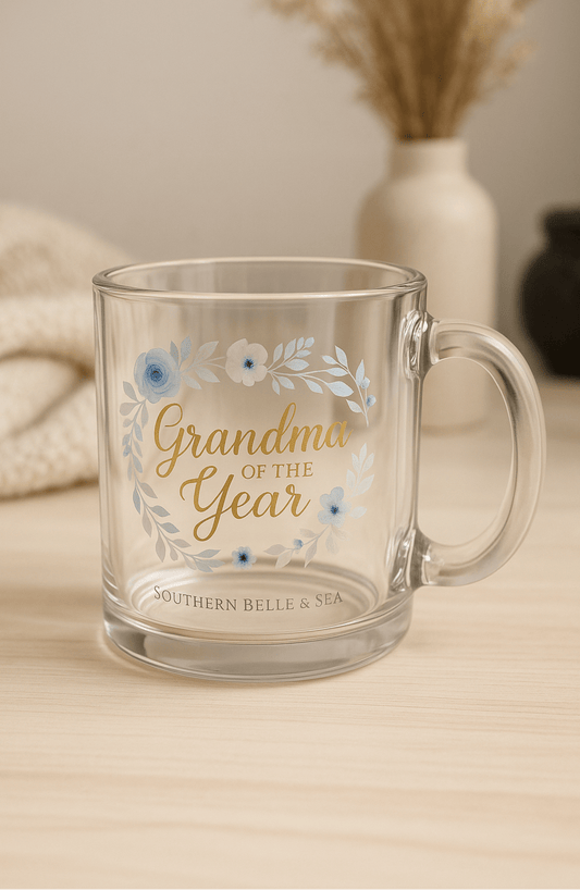 Grandma of the Year Glass Mug – Bluebell Grace Florals, Clear 10oz Coffee Cup Gift | Southern Belle & Sea™ - Southern Belle & Sea