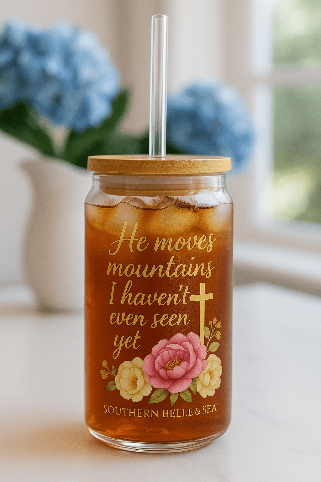 He Moves Mountains Floral Glass Tumbler with Lid & Straw | Southern Belle & Sea™ - Southern Belle & Sea
