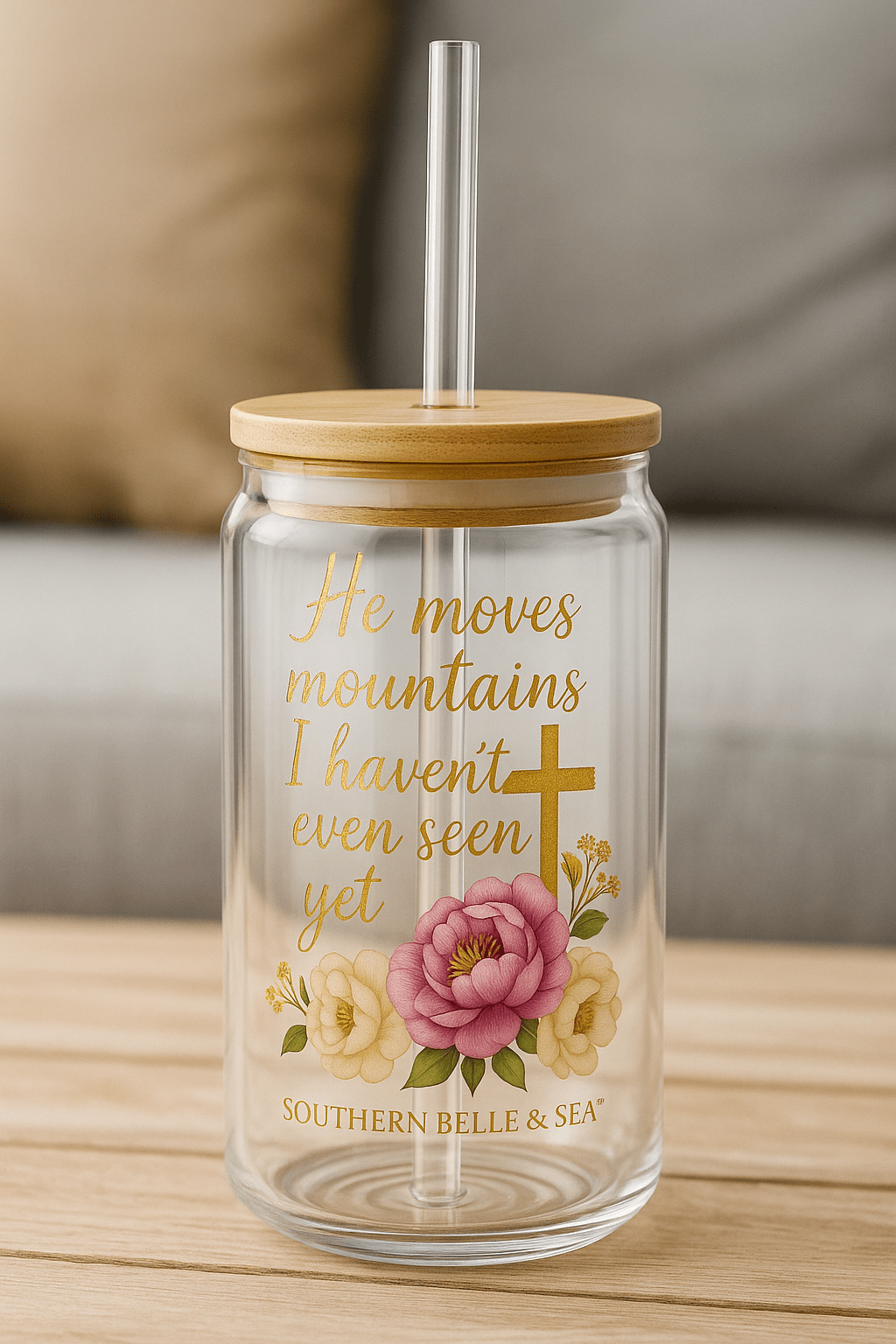 He Moves Mountains Floral Glass Tumbler with Lid & Straw | Southern Belle & Sea™ - Southern Belle & Sea
