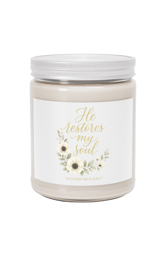 He Restores My Soul — Blue Floral Candle (9oz Jar) | Southern Belle & Sea™ - Southern Belle & Sea