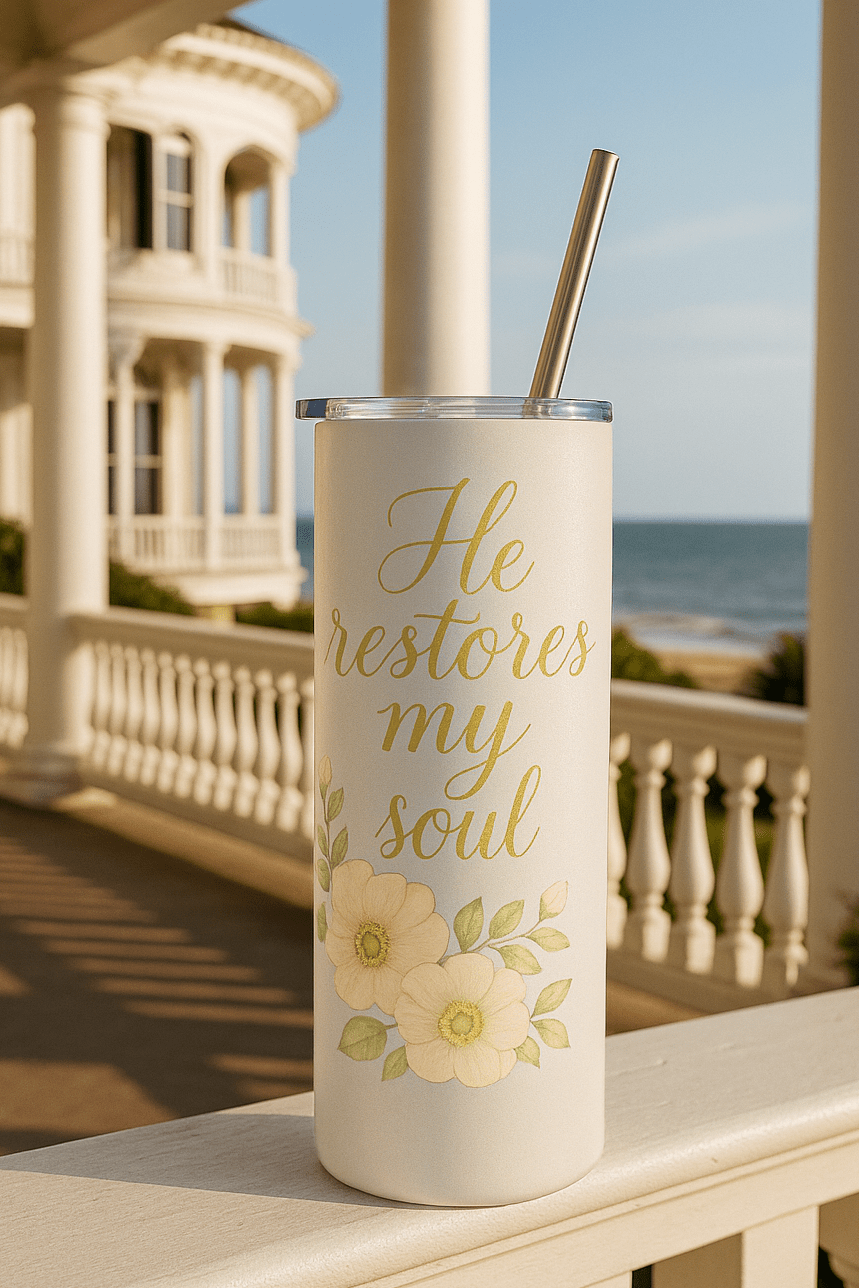 He Restores My Soul Blue Floral Tumbler — Faith & Floral Collection | Southern Belle & Sea™ - Southern Belle & Sea