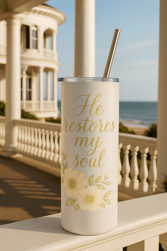 He Restores My Soul Blue Floral Tumbler — Faith & Floral Collection | Southern Belle & Sea™ - Southern Belle & Sea