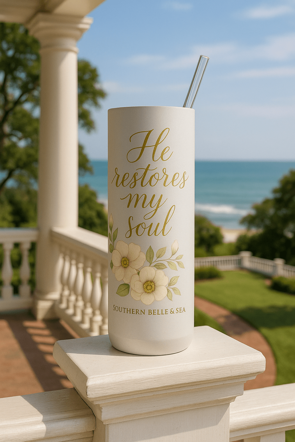 He Restores My Soul Blue Floral Tumbler — Faith & Floral Collection | Southern Belle & Sea™ - Southern Belle & Sea