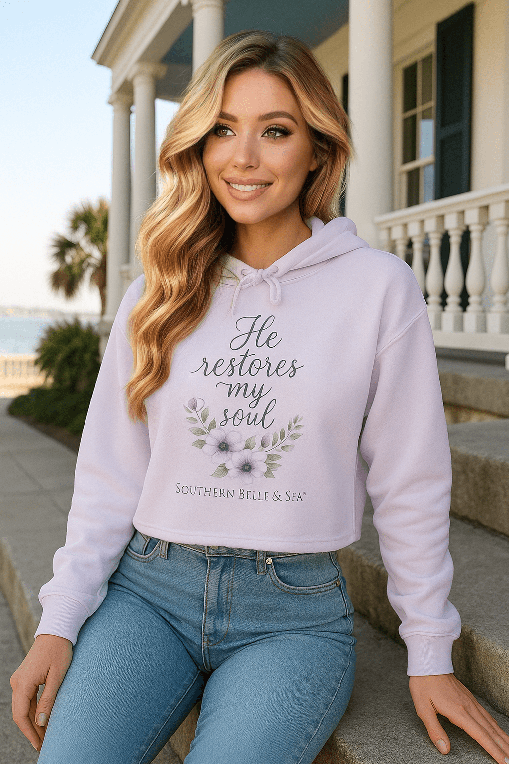He Restoreth My Soul Cropped Hoodie (Lavender) — Floral Scripture | Southern Belle & Sea™ - Southern Belle & Sea
