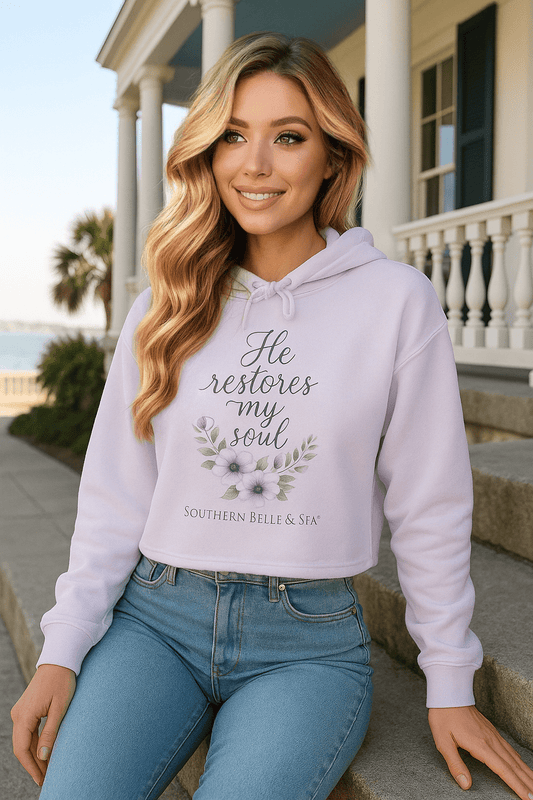 He Restoreth My Soul Cropped Hoodie (Lavender) — Floral Scripture | Southern Belle & Sea™ - Southern Belle & Sea