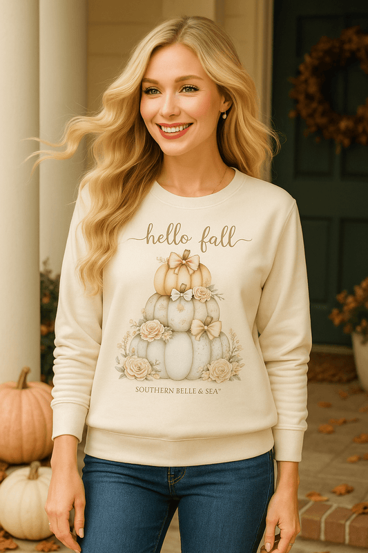 Hello Fall Pumpkins Crewneck Sweatshirt — Pink & Blue Pumpkins with Bows | Southern Belle & Sea™ - Southern Belle & Sea