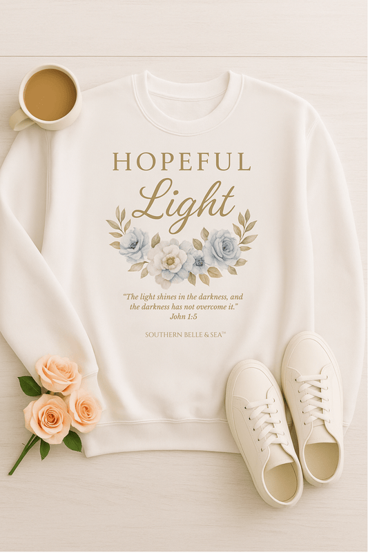 Hopeful Light Crewneck Sweatshirt — John 1:5 Bible Verse with Blue Floral | Southern Belle & Sea™ - Southern Belle & Sea