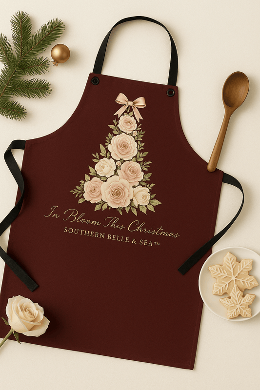 In Bloom This Christmas Apron — Burgundy Edition | Southern Belle & Sea™ - Southern Belle & Sea