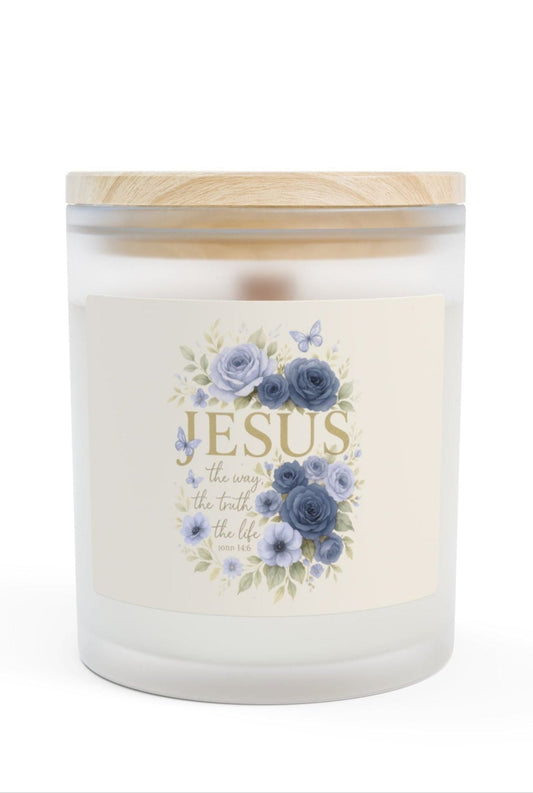 Jesus” Blue Floral Candle by Southern Belle & Sea™, 11oz frosted jar with wooden wick and maple lid, scripture-inspired décor