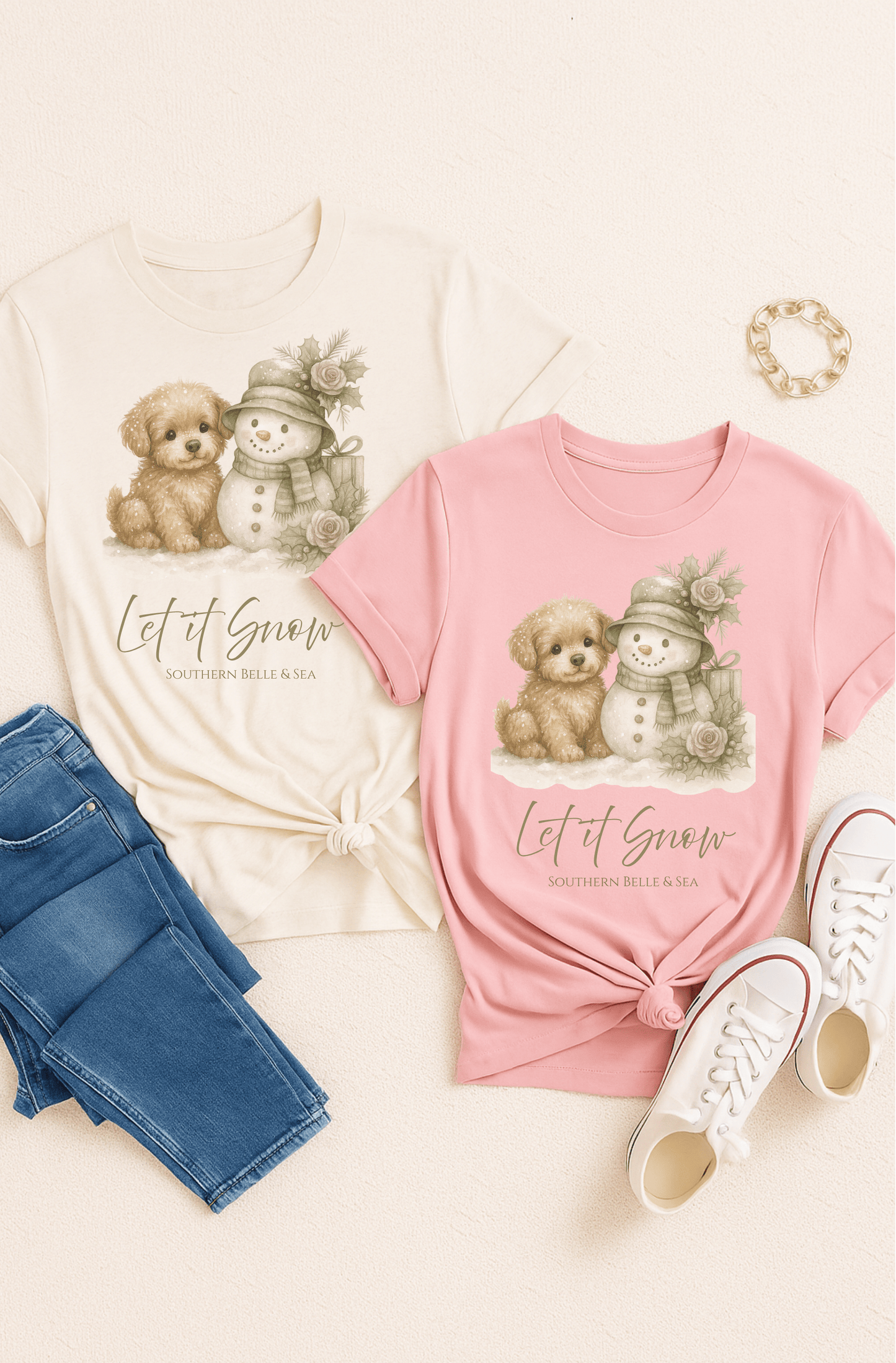 “Let It Snow” Tee (White) — Snowman & Puppy | Southern Belle & Sea™ - Southern Belle & Sea