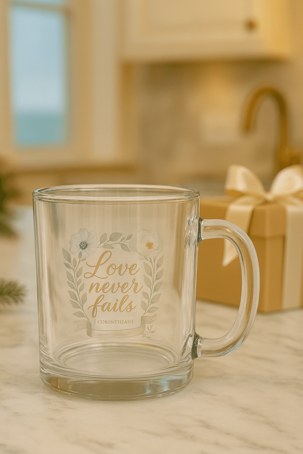 Love Never Fails Floral Clear Glass Coffee Mug — Virtue Collection | Southern Belle & Sea™ - Southern Belle & Sea