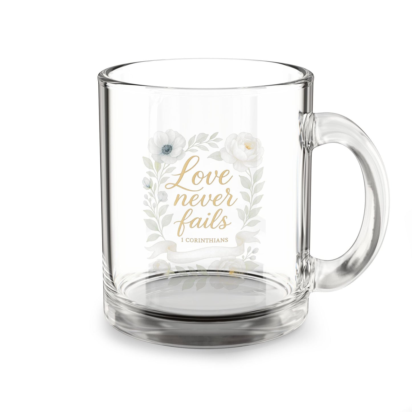 Love Never Fails Floral Clear Glass Coffee Mug — Virtue Collection | Southern Belle & Sea™ - Southern Belle & Sea