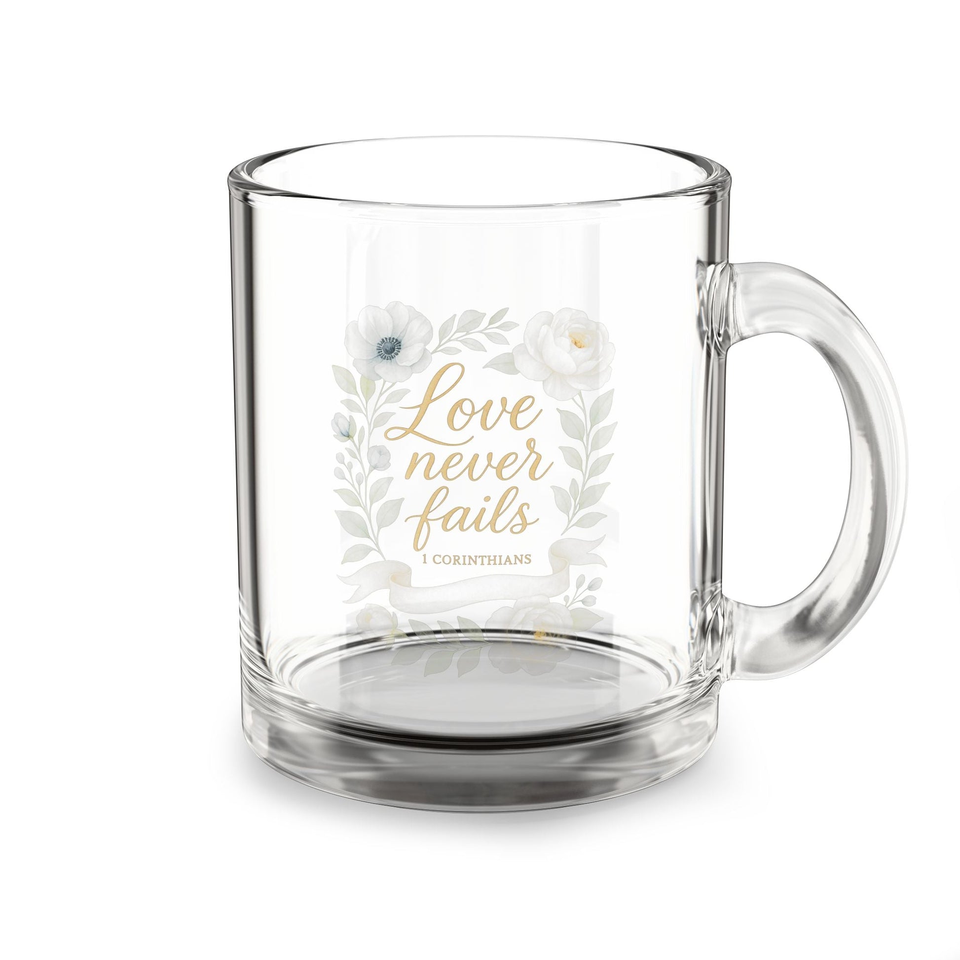 Love Never Fails Floral Clear Glass Coffee Mug — Virtue Collection | Southern Belle & Sea™ - Southern Belle & Sea