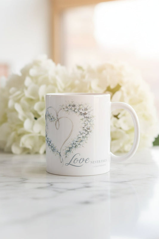 Love Never Fails Floral Heart Mug — Christian Faith Coffee Cup | Southern Belle & Sea™ - Southern Belle & Sea