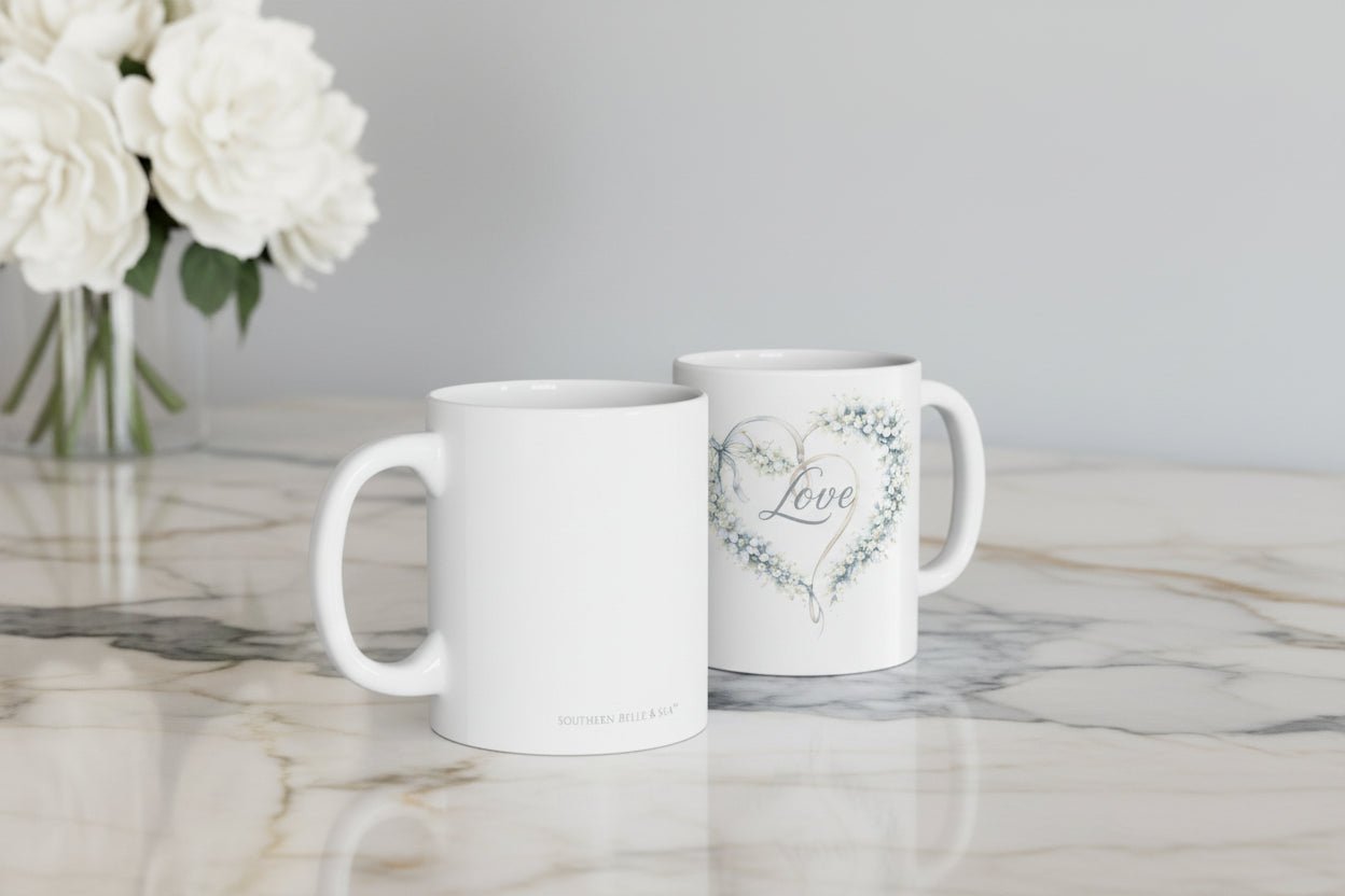 Love Never Fails Floral Heart Mug — Christian Faith Coffee Cup | Southern Belle & Sea™ - Southern Belle & Sea