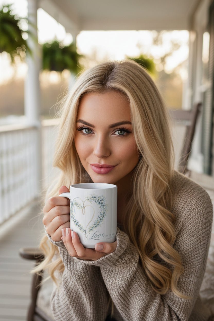 Love Never Fails Floral Heart Mug — Christian Faith Coffee Cup | Southern Belle & Sea™ - Southern Belle & Sea