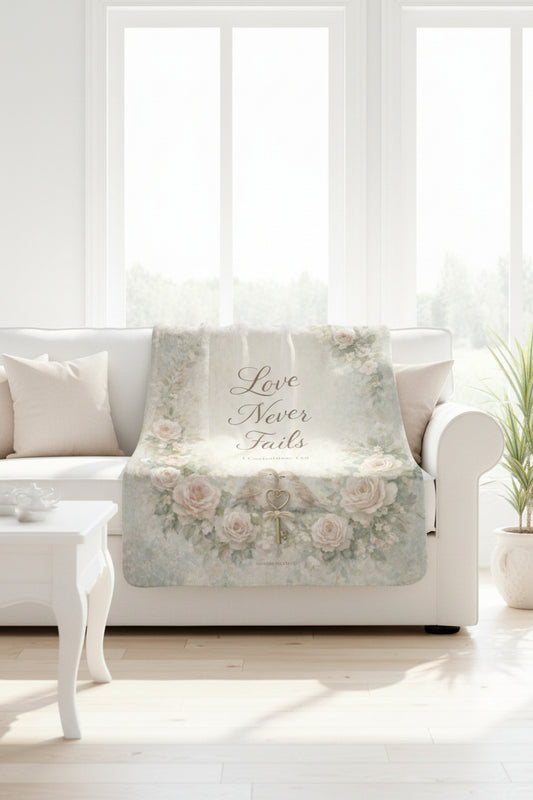 Love Never Fails Sherpa Blanket — 1 Corinthians 13:8 | Southern Belle & Sea™ - Southern Belle & Sea