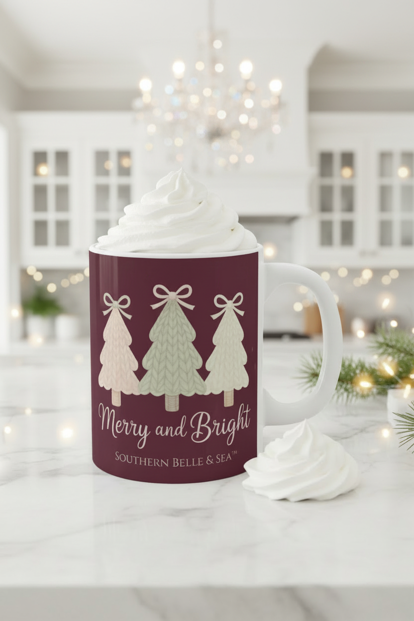 Merry and Bright Knitted Christmas Tree Mug (11oz) — Cozy™ Holiday Collection | Southern Belle & Sea™ - Southern Belle & Sea