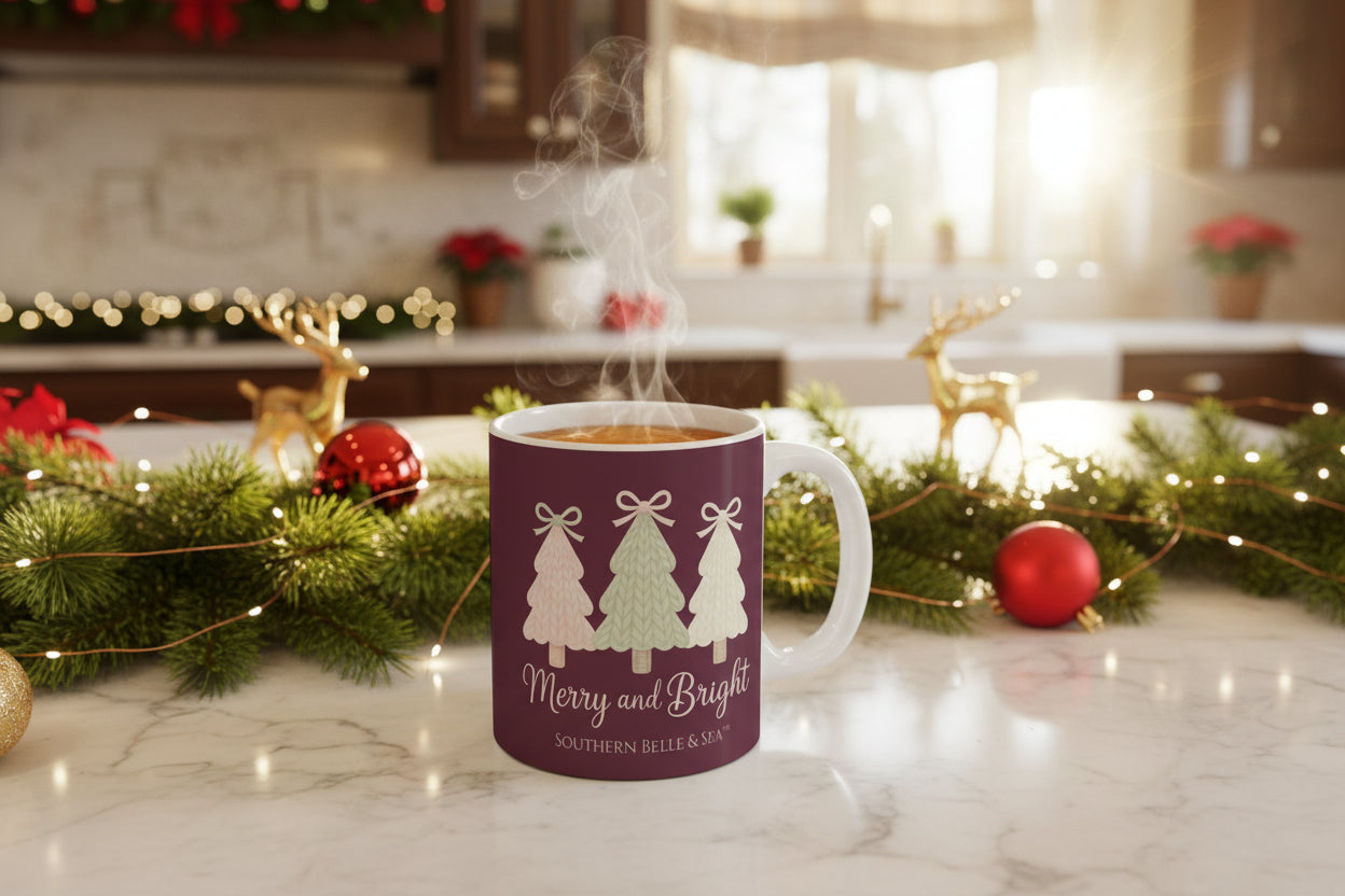 Merry and Bright Knitted Christmas Tree Mug (11oz) — Cozy™ Holiday Collection | Southern Belle & Sea™ - Southern Belle & Sea