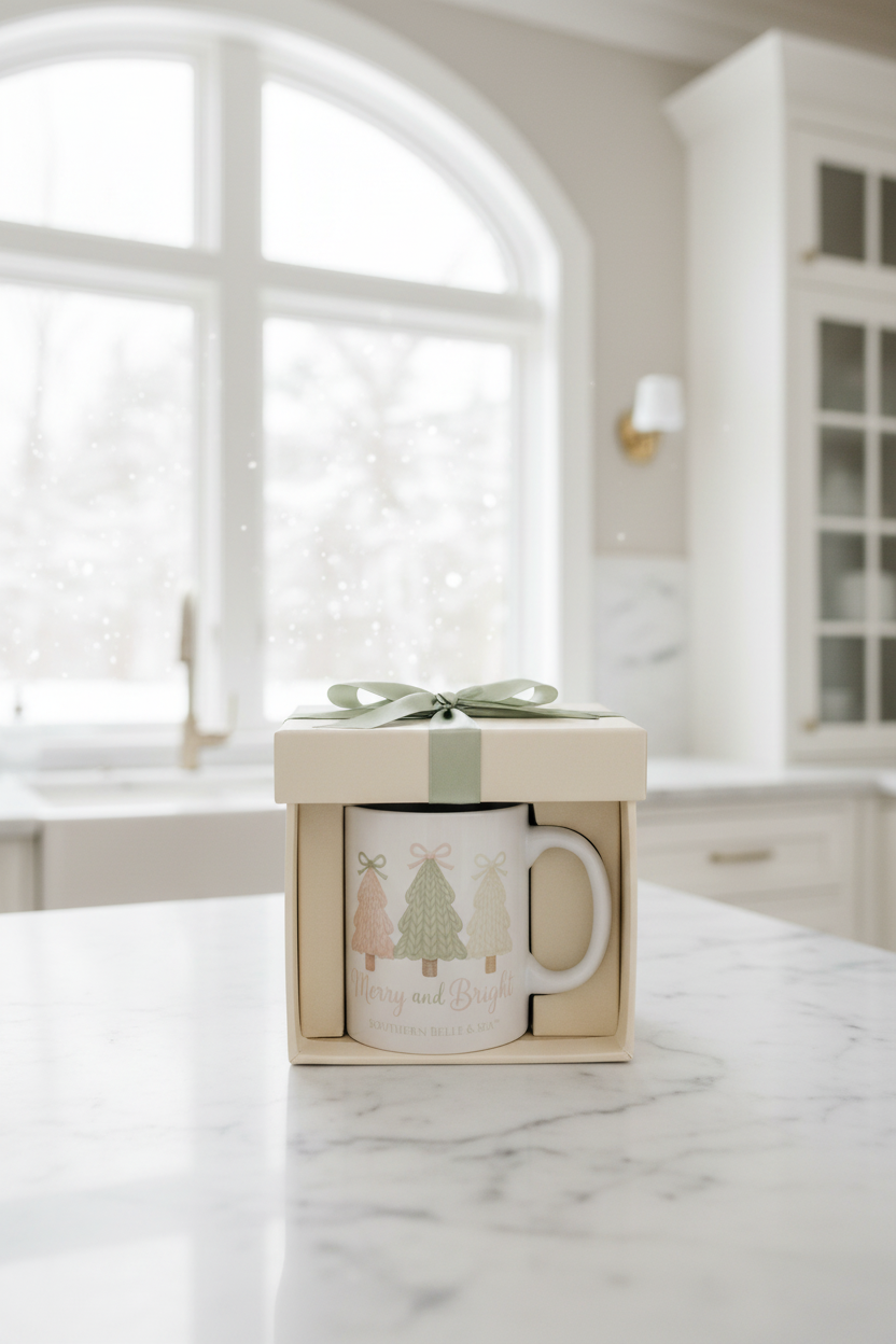 Merry and Bright Knitted Christmas Tree Mug (11oz) — Cozy™ Holiday Collection | Southern Belle & Sea™ - Southern Belle & Sea
