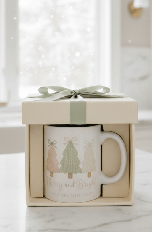 Merry and Bright Knitted Christmas Tree Mug (11oz) — Cozy™ Holiday Collection | Southern Belle & Sea™ - Southern Belle & Sea