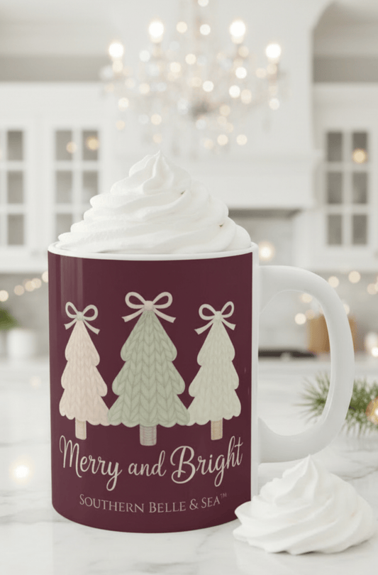Merry and Bright Knitted Christmas Tree Mug (11oz) — Cozy™ Holiday Collection | Southern Belle & Sea™ - Southern Belle & Sea